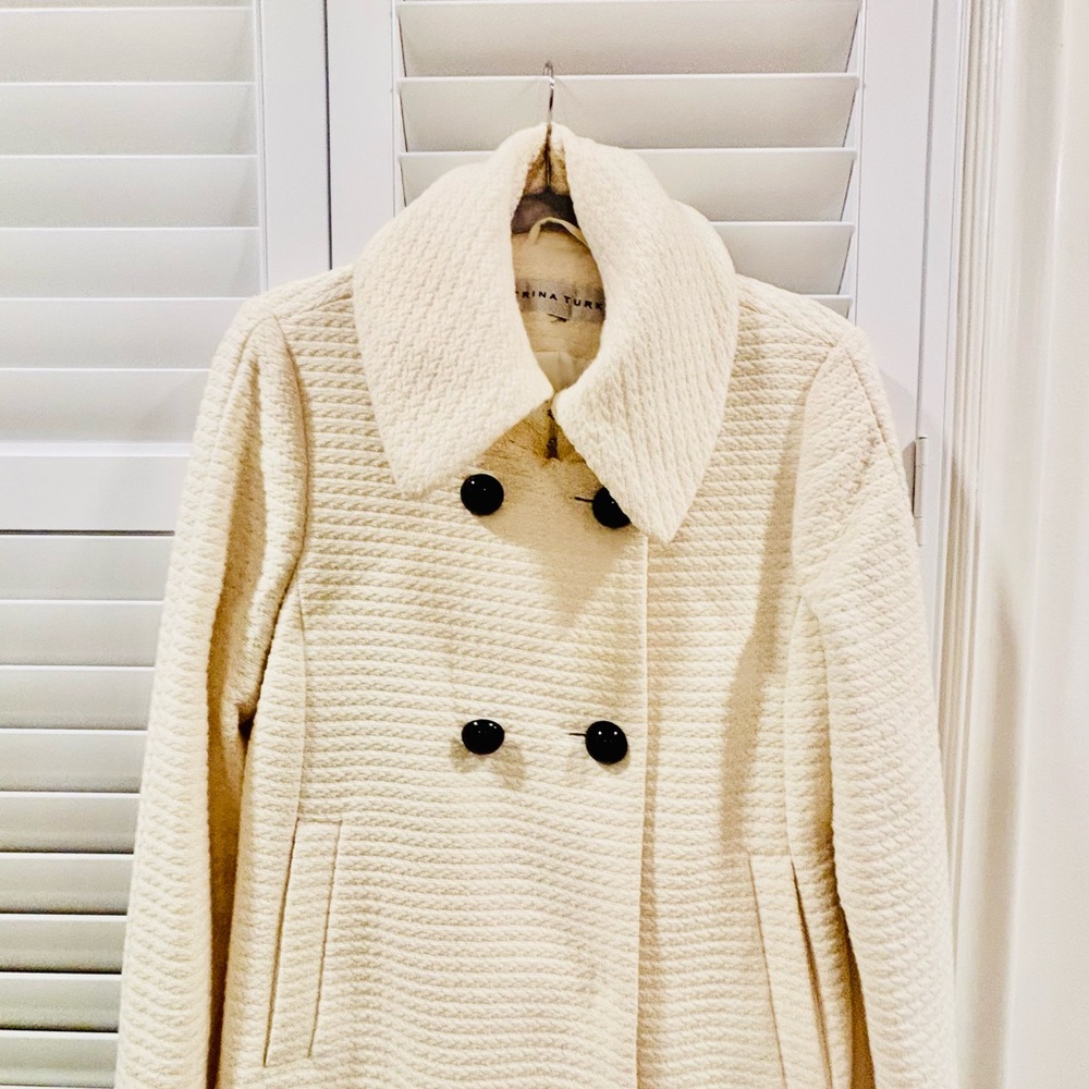 Trina Turk Cream Pure Wool Textured Coat with Black Buttons